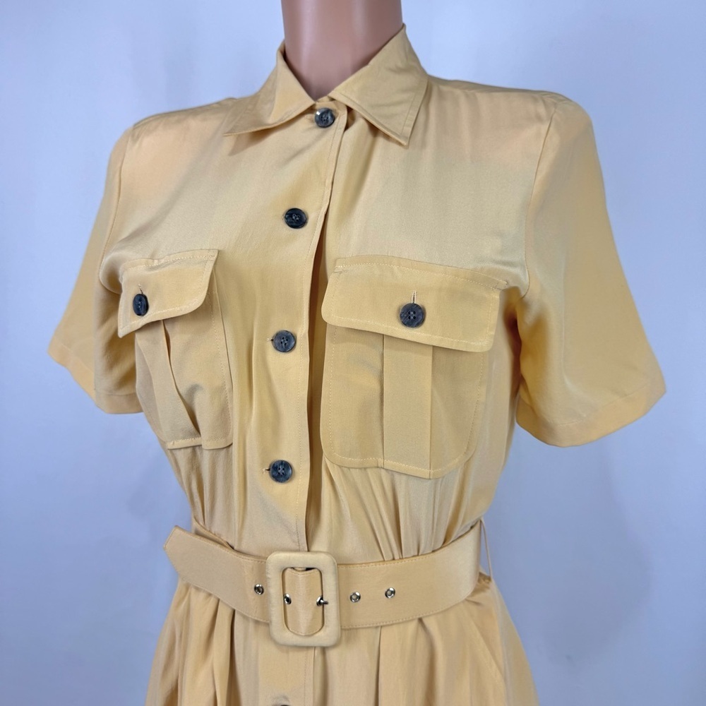 VTG 80s Marianna Sz 6 Yellow 100% Silk Midi Dress Retro Collar Button Up Belted - Picture 9 of 14